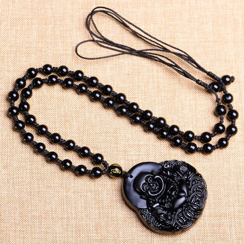 Collier avec Buddha Stones rieur en obsidienne noire et protection de la force - image 5