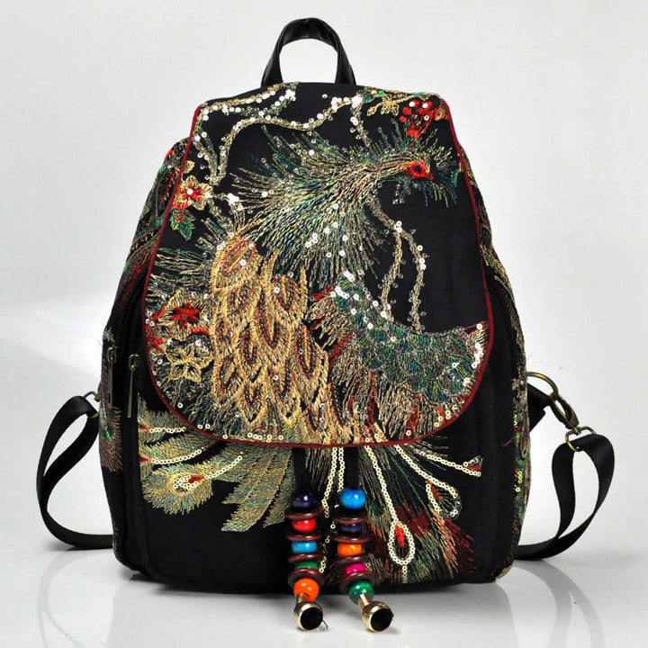Sac à dos à pompons en toile avec broderies de paon et Buddha Stones