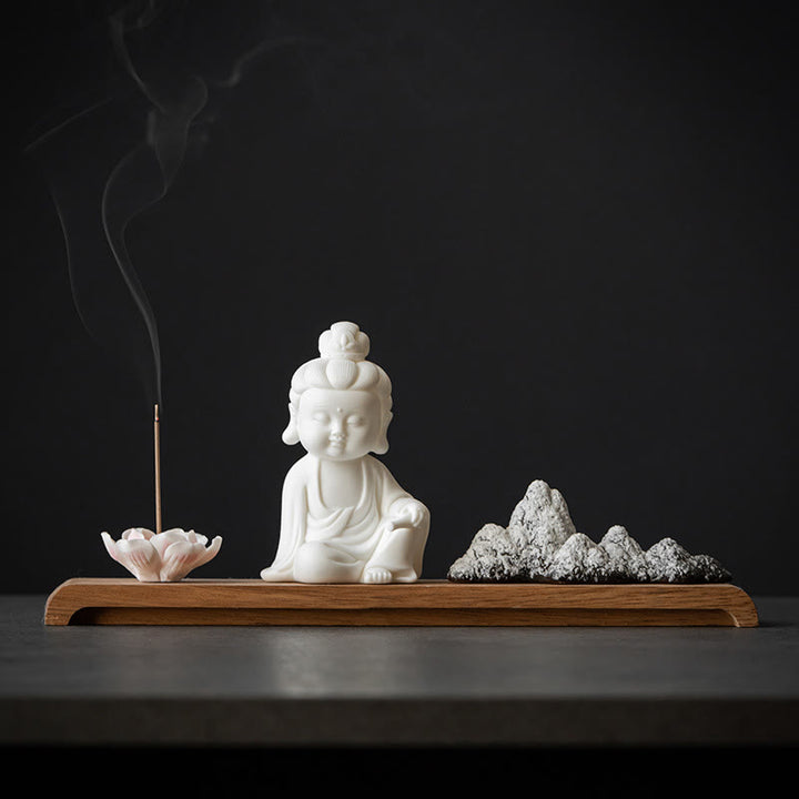 Buddha Stones Fleur de Lotus Tathagata Kwan Yin Avalokitesvara Ksitigarbha Méditation Bâton en céramique Brûleur d'encens Décoration