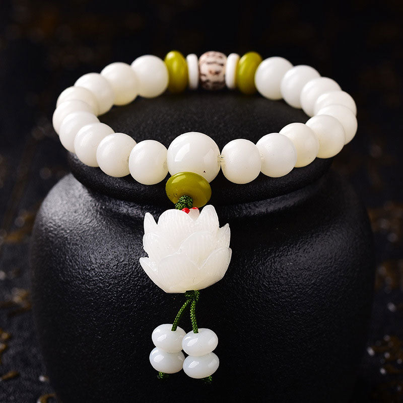 Bracelet porte-bonheur en Buddha Stones et lotus blanc naturel