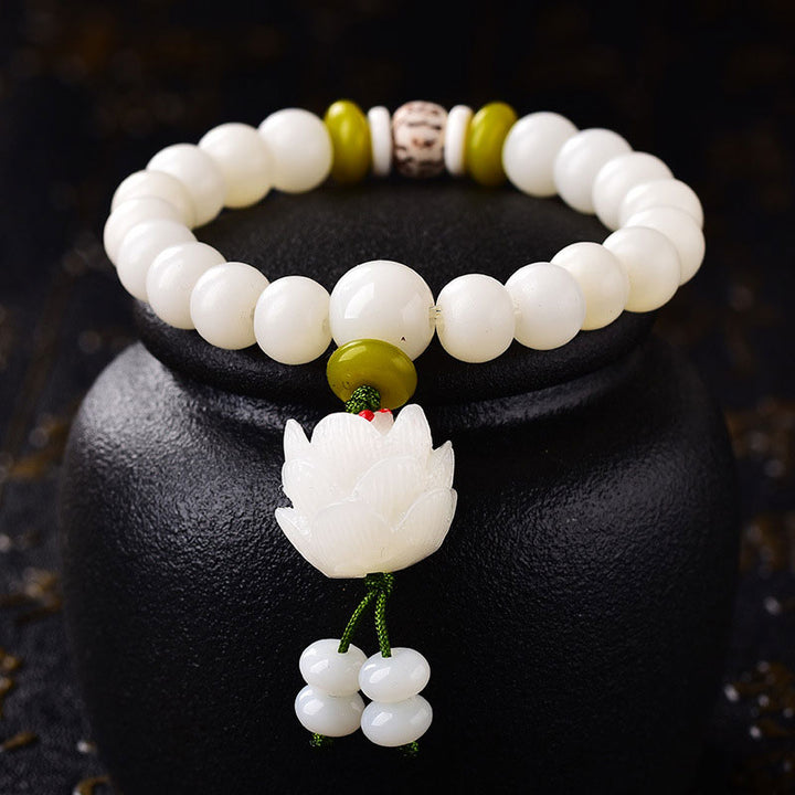 Bracelet porte-bonheur en Buddha Stones et lotus blanc naturel