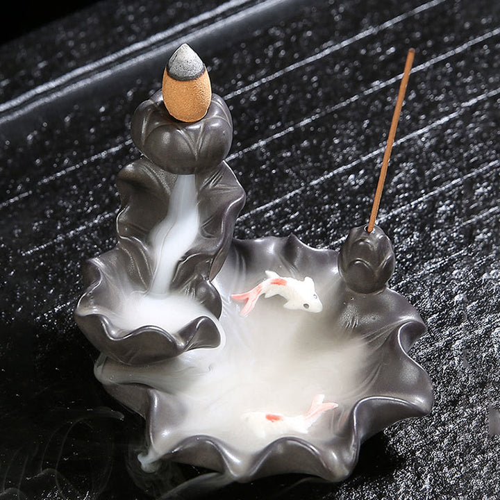 Brûleur d'encens porte-bonheur en forme de poisson Koi en Buddha Stones
