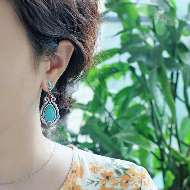 Boucles d'oreilles pendantes en forme de goutte d'eau turquoise vintage du Tibet