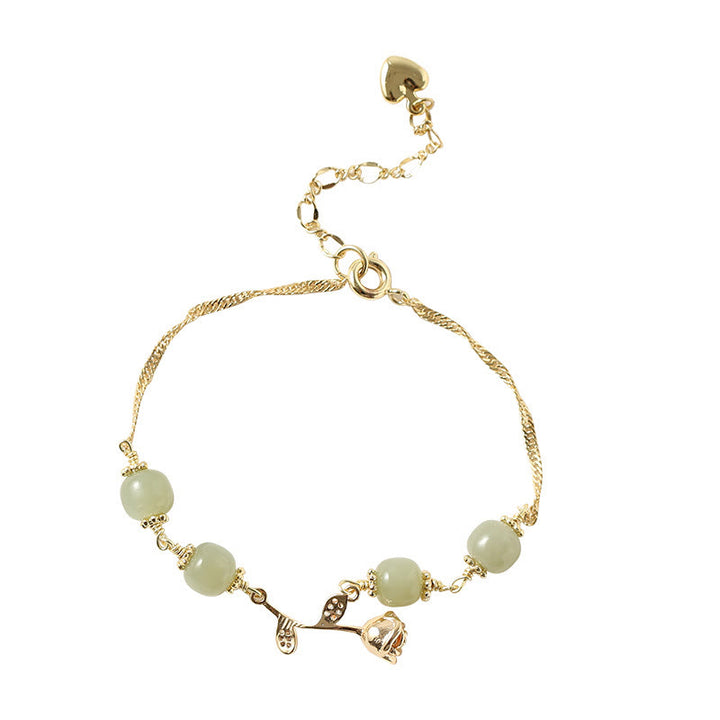 Bracelet porte-bonheur en jade Hetian plaqué or 14 carats avec Buddha Stones et fleur de rose dorée