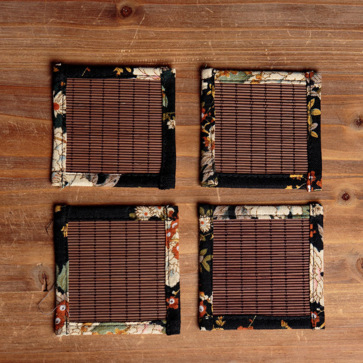 Dessous de verre en bambou avec motif de pivoine vintage et Buddha Stones