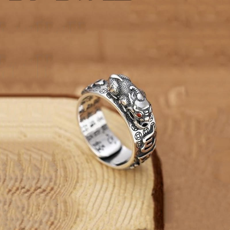 Bague de richesse tibétaine en argent sterling 990 Buddha Stones Om Mani Padme Hum PiXiu Dorje Vajra Heart Sutra gravé - Argent - PiXiu - image 14