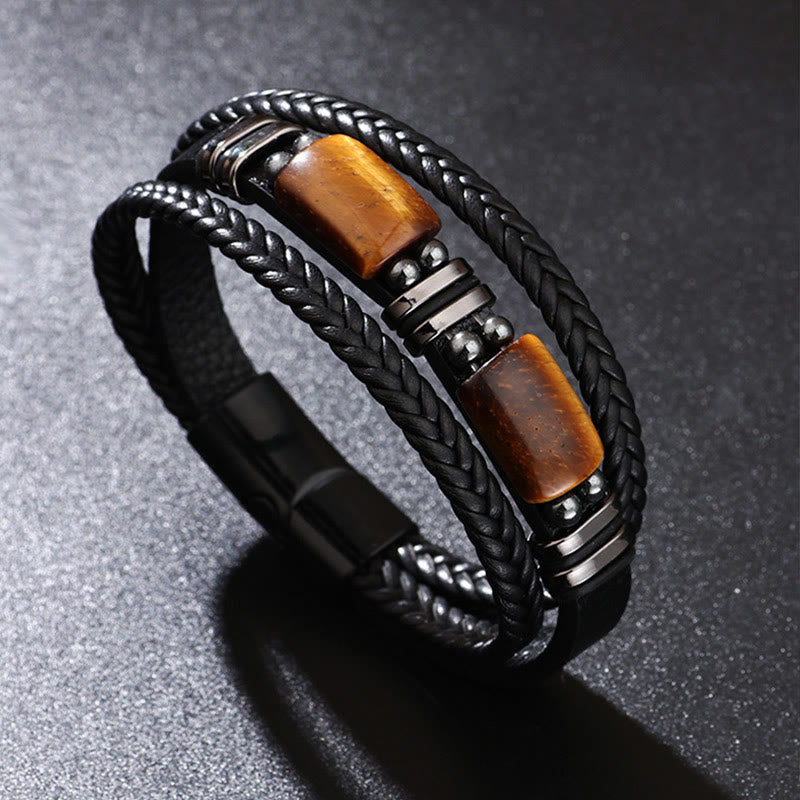 Bracelet en cuir multicouche avec boucle magnétique et Buddha Stones œil de tigre