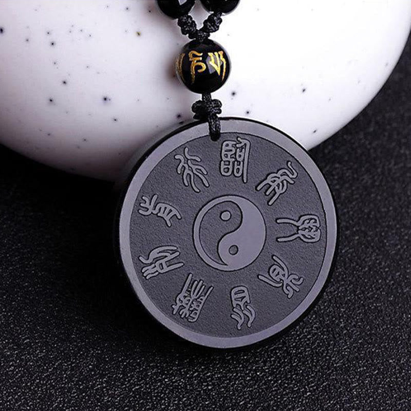 Buddha Stones Obsidienne Noire Naturelle Taoïsme Cinq Montagnes Sacrées Mantra à Neuf Caractères Sculpté Force Yin Yang Collier Pendentif Porte-clés - image 6