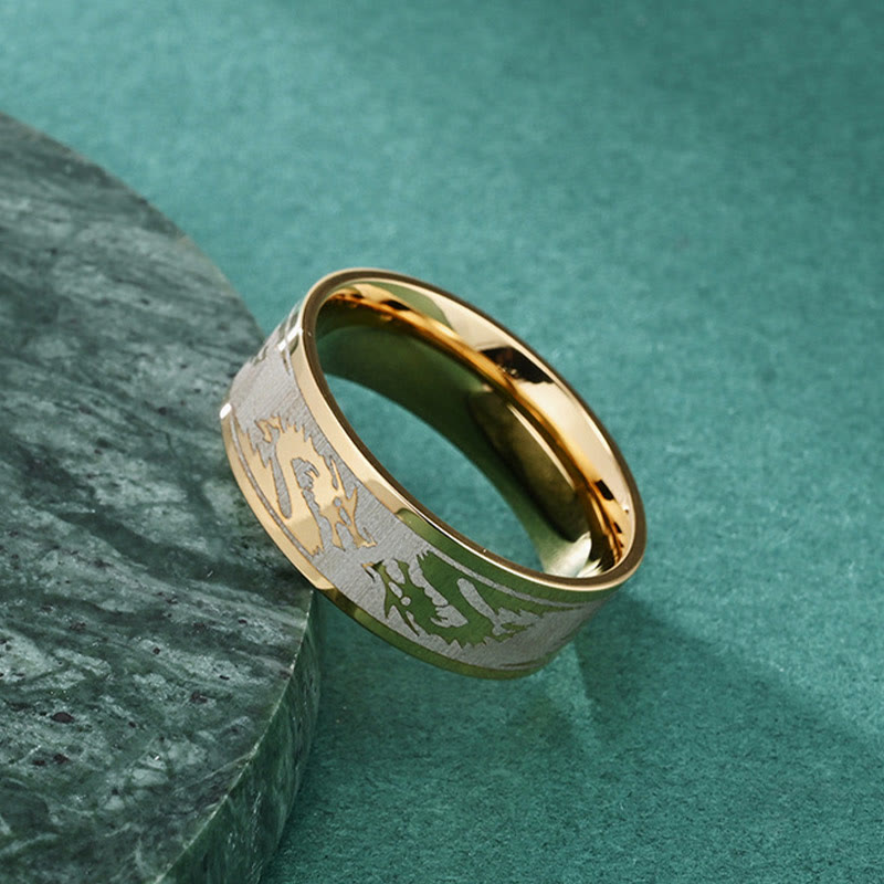 Buddha Stones Dragon Sculpté Protection Force Bague acier titane