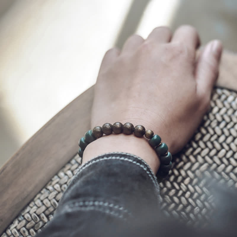 Bracelet tibétain en cuivre avec graines de Bodhi cyan