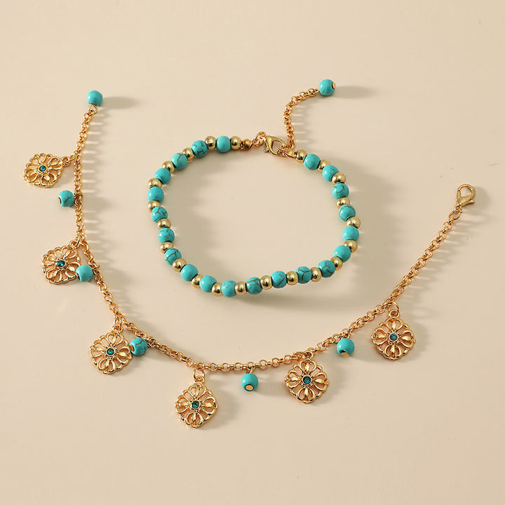 Lot de 2 bracelets de cheville en pierre turquoise avec protection en forme de fleur