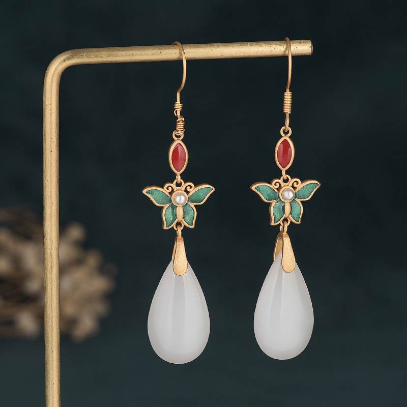 Boucles d'oreilles pendantes porte-bonheur en jade blanc Feng Shui Buddha Stones