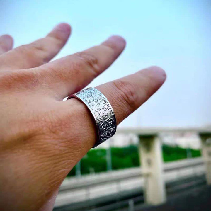 Bague porte-bonheur sculptée en basalte de Suzaku avec quatre Buddha Stones, dragon, bête gardienne, tigre blanc