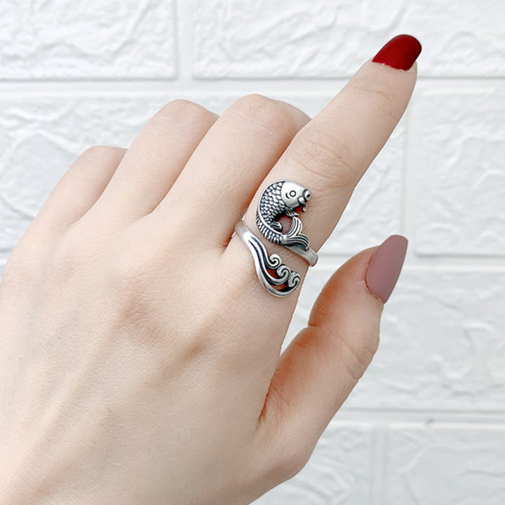 Bague en argent sterling 925 Buddha Stones et poisson koï