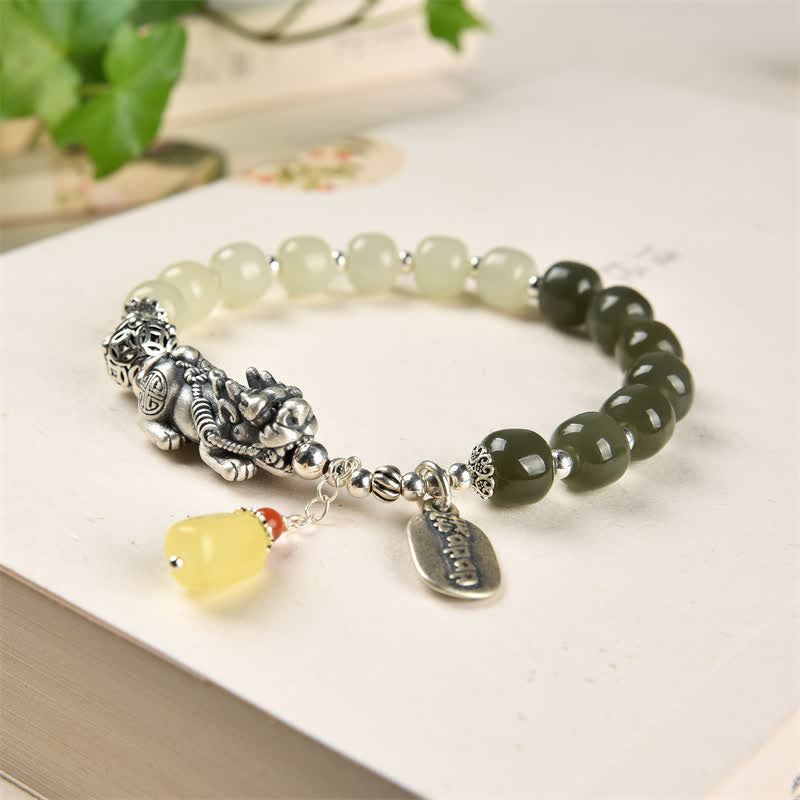 Bracelet porte-bonheur PiXiu en argent sterling 925 et jade Hetian naturel avec Buddha Stones