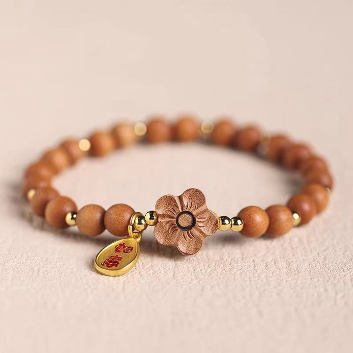 Bracelet de protection à breloques Ruyi en bois de Buddha Stones naturel et fleur de pêcher à petites feuilles en bois de santal rouge