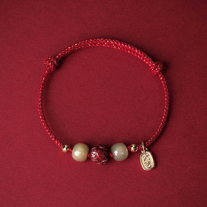 Bracelet en corde fait main en jade Hetian plaqué or 14 carats avec lotus porte-bonheur de Buddha Stones - Corde rouge (tour de poignet 13-18 cm) - image 0