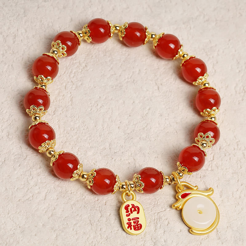 Bracelet porte-bonheur avec boucle de paix et personnage Fu en agate rouge et aventurine verte de l'année du Buddha Stones