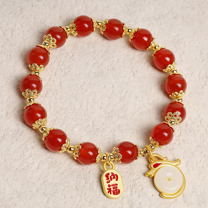 Bracelet porte-bonheur avec boucle de paix et personnage Fu en agate rouge et aventurine verte de l'année du Buddha Stones