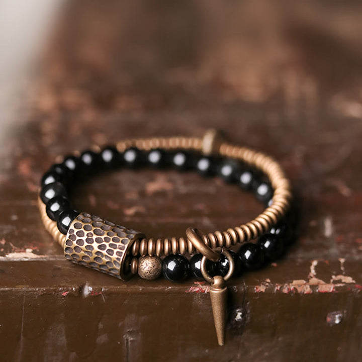 Bracelet double couche de guérison de la paix intérieure en cuivre et obsidienne arc-en-ciel en Buddha Stones