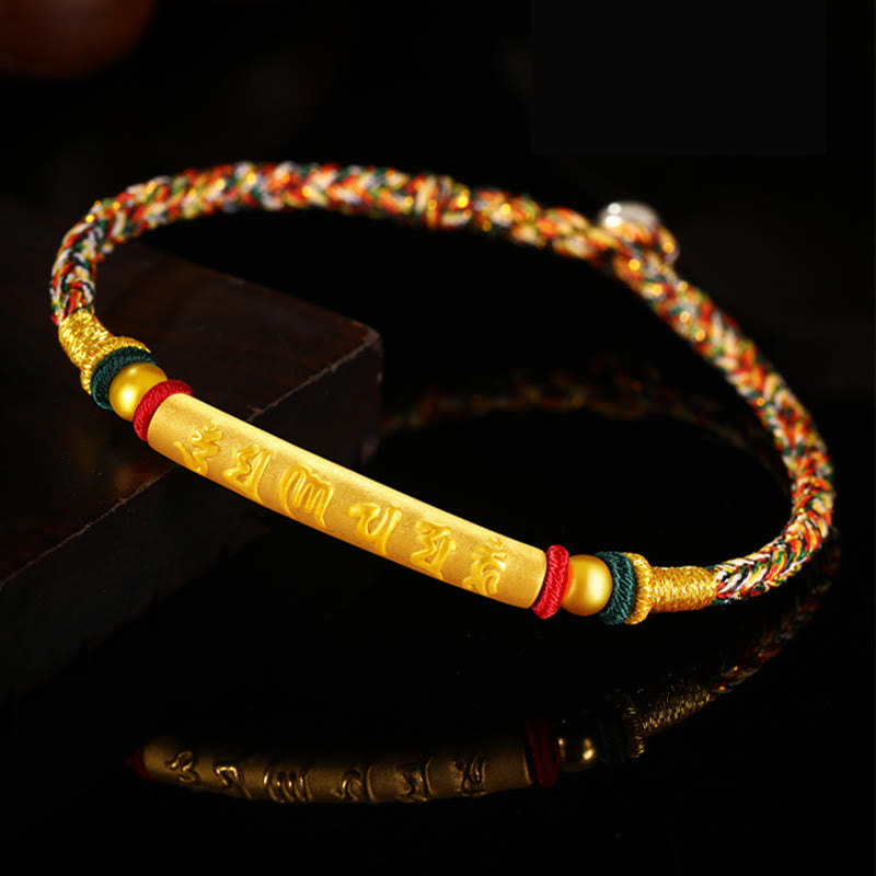 Bracelet tressé à huit fils en or 999 tibétain avec Buddha Stones Om Mani Padme Hum, fabriqué à la main, avec nœud de paix et porte-bonheur