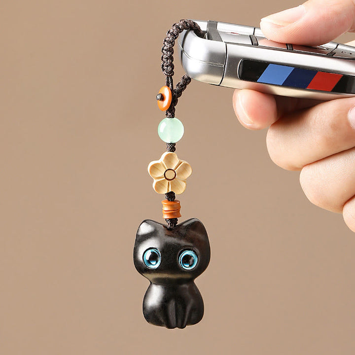 Porte Buddha Stones, mini petite feuille de bois de santal rouge, bois d'ébène, chat porte-bonheur, joli chaton, paix, décoration à suspendre pour téléphone
