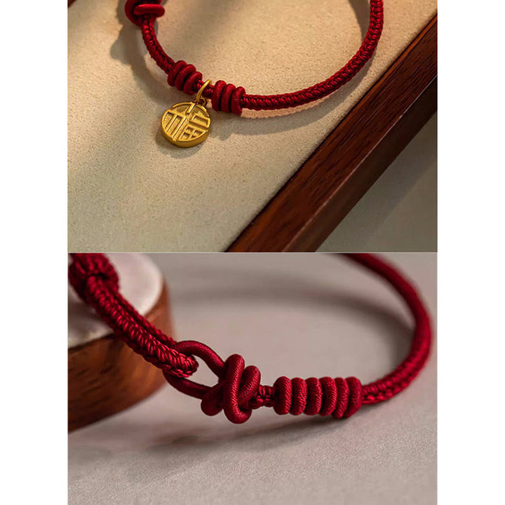 Bracelet en corde rouge fait à la main avec huit Buddha Stones et breloque en forme de nœud de paix et de caractère Fu