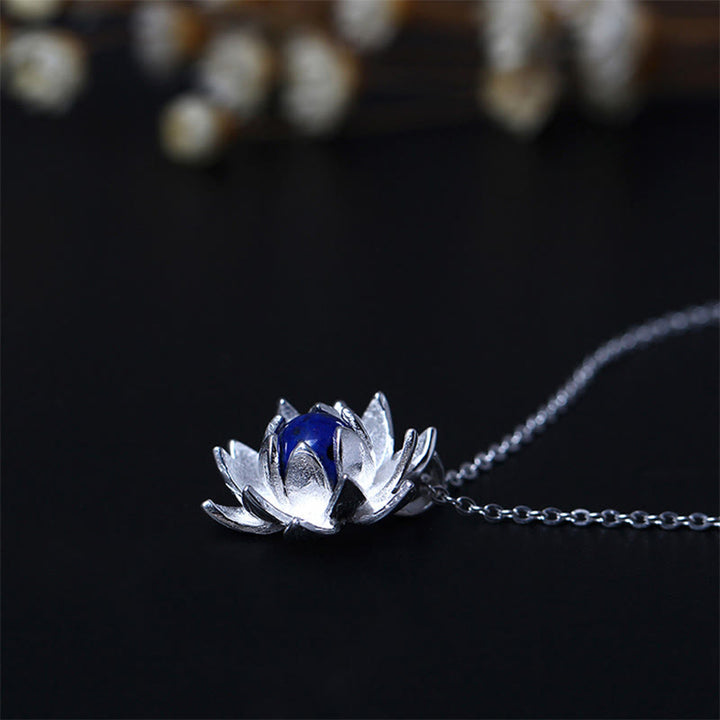 Collier pendentif fleur de lotus en argent sterling 925 avec Buddha Stones et lazurite