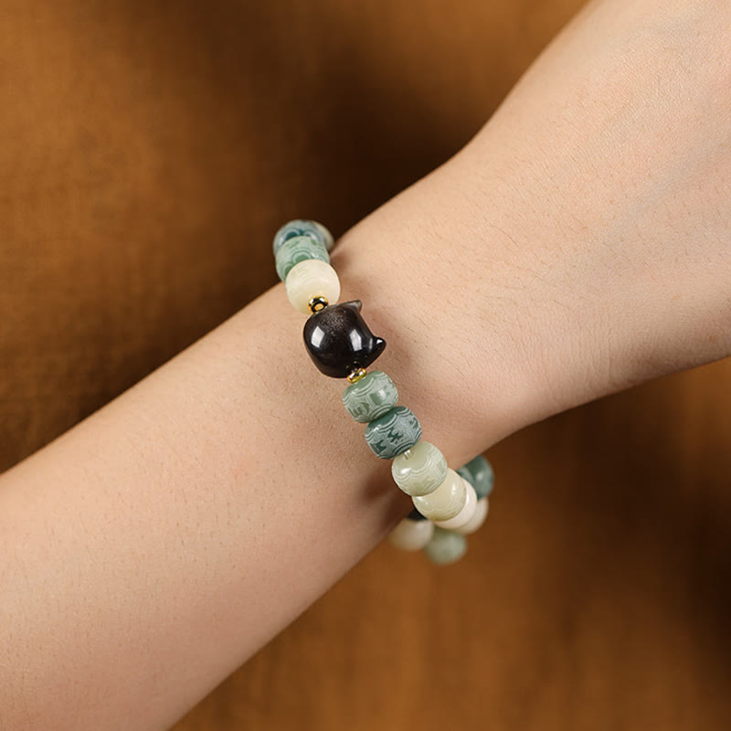 Bracelet d'harmonie gravé en obsidienne argentée Buddha Stones de Bodhi et pierres de Bouddha Tête de chat Om Mani Padme Hum - image 12