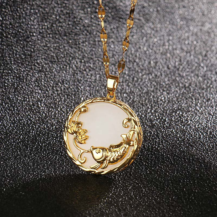 Collier pendentif porte-bonheur en jade naturel avec Buddha Stones et poisson Koi et lotus - Jade blanc - image 6