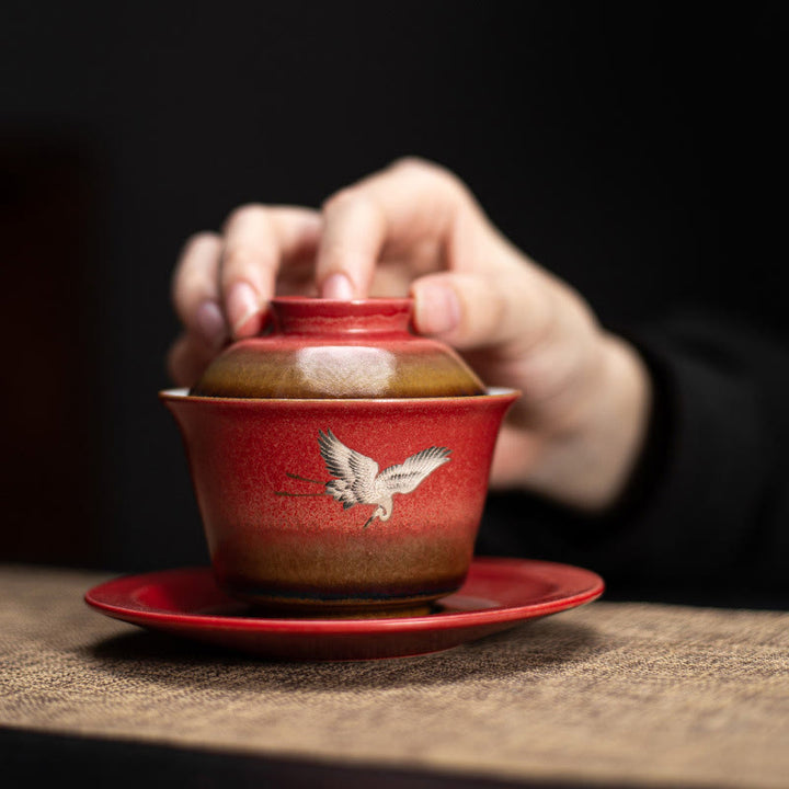 Tasse à thé et soucoupe en céramique Gaiwan Sancai avec couvercle et Buddha Stones rouge de bon augure