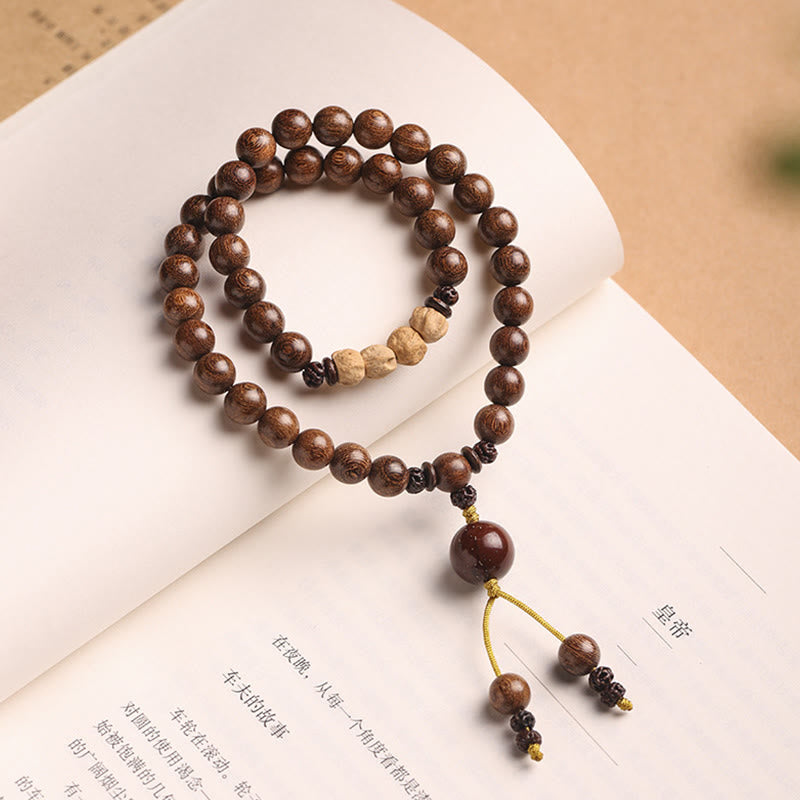 Bracelet double tour de purification en bois de santal et petites feuilles de bois de santal rouge et pierres de Buddha Stones