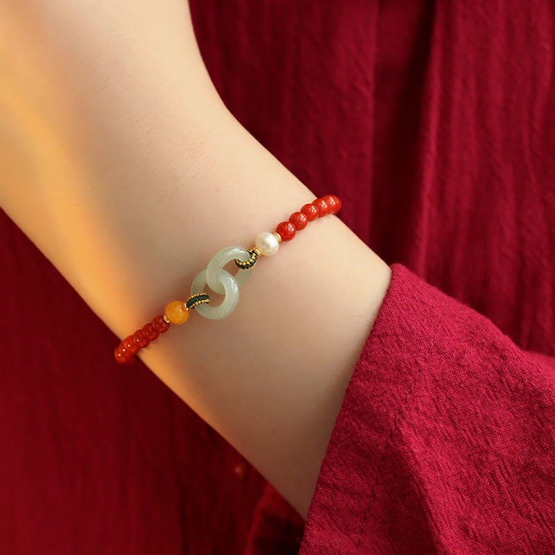 Bracelet de confiance à double boucle de paix en agate rouge naturelle et jade Hetian de Buddha Stones