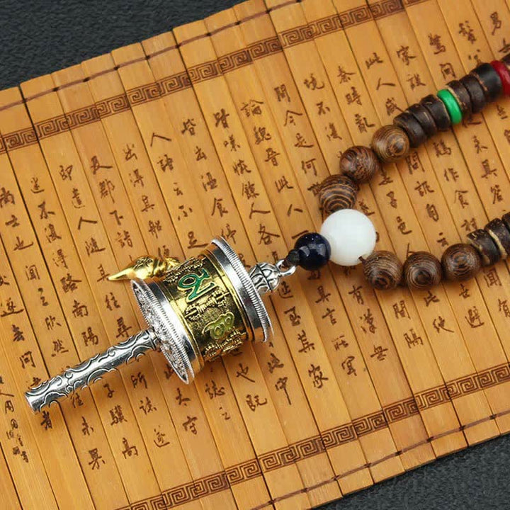 Collier pendentif en bois Vajra Buddha Stones tibétaines Om Mani Padme Hum et rotation de la roue de prière - image 7