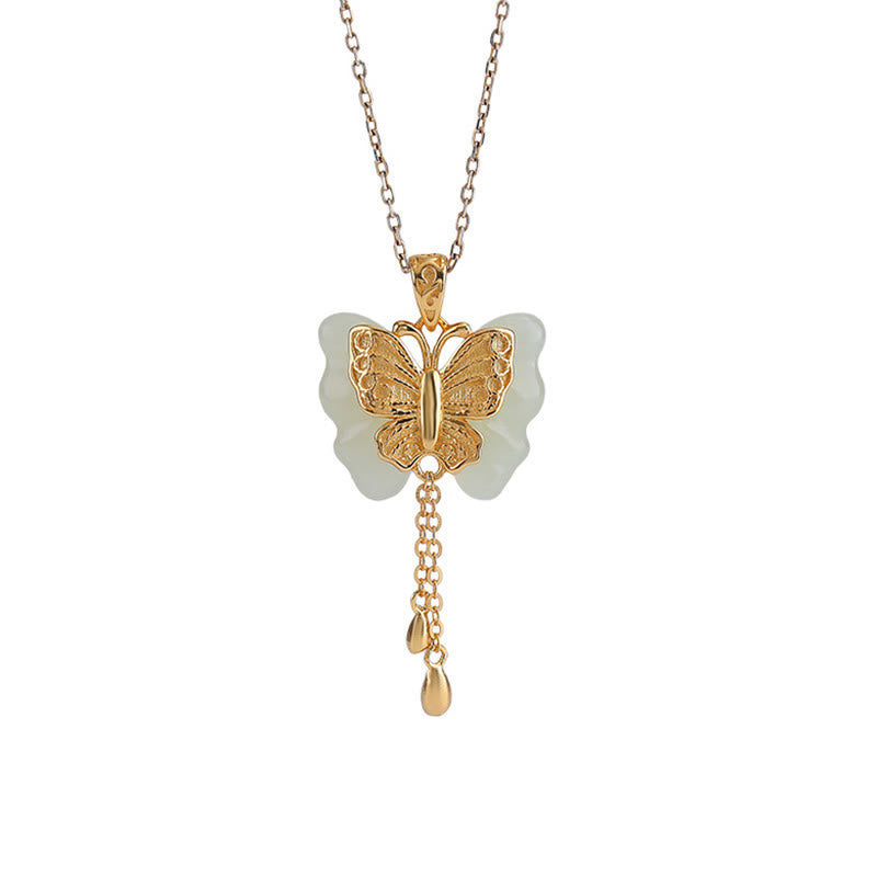 Collier pendentif bénédiction papillon en jade blanc Hetian plaqué or en argent sterling 925 Buddha Stones