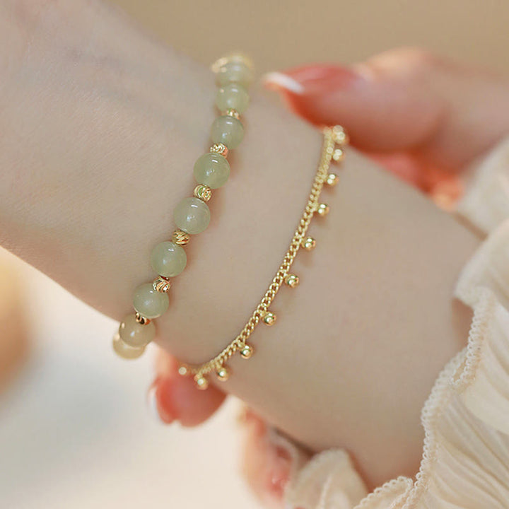Bracelet de prospérité porte-bonheur en perles de jade Hetian plaqué or 14 carats à 2 couches