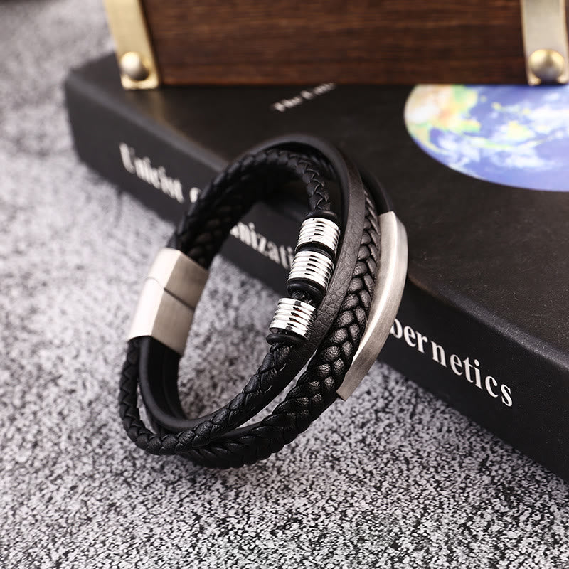 Bracelet en cuir multicouches avec boucle magnétique tressée en acier titane et Buddha Stones