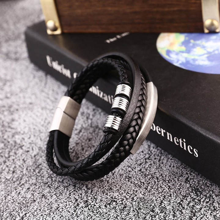 Bracelet en cuir multicouches avec boucle magnétique tressée en acier titane et Buddha Stones