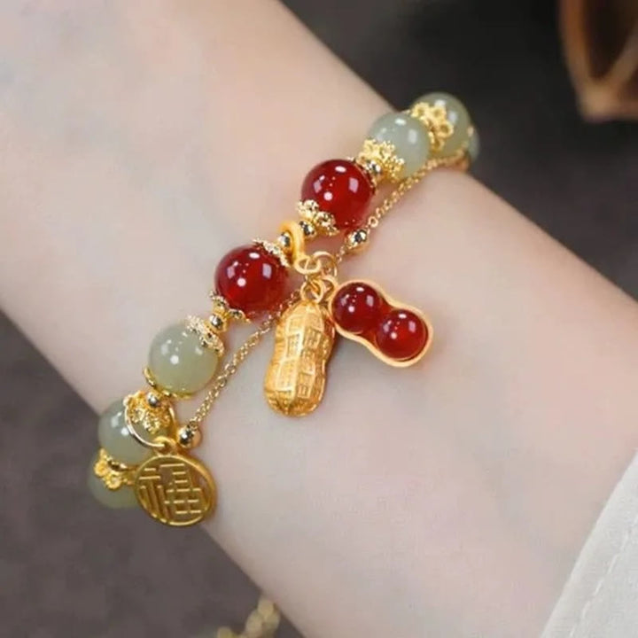 Bracelet de perles porte-bonheur en Buddha Stones, feuille de jade, ginkgo, tulipe, arachide, personnage Fu