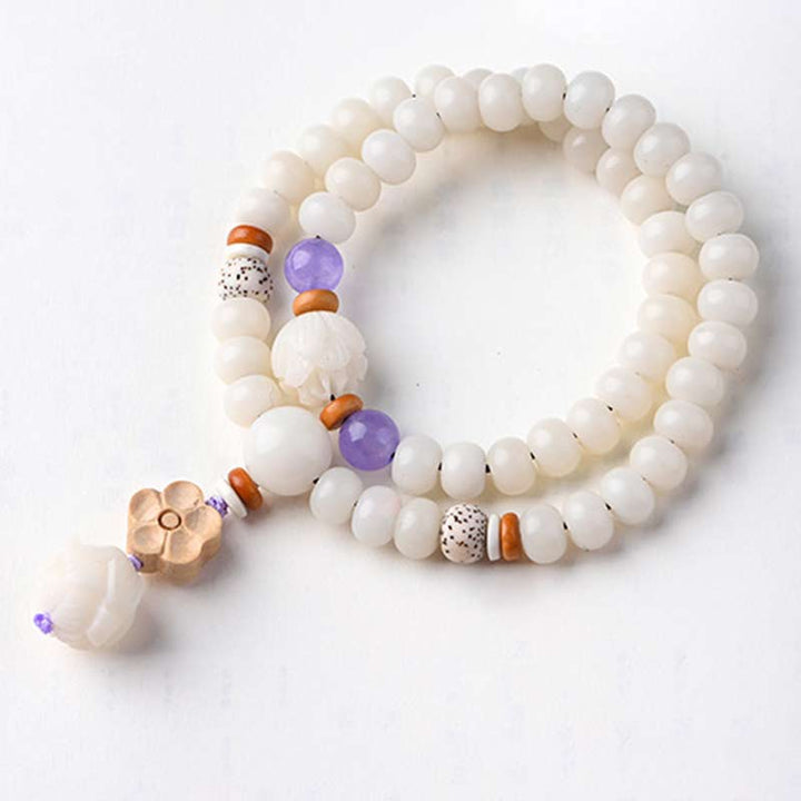 Bracelet de bénédiction Bodhi Lotus en jade blanc tibétain Buddha Stones