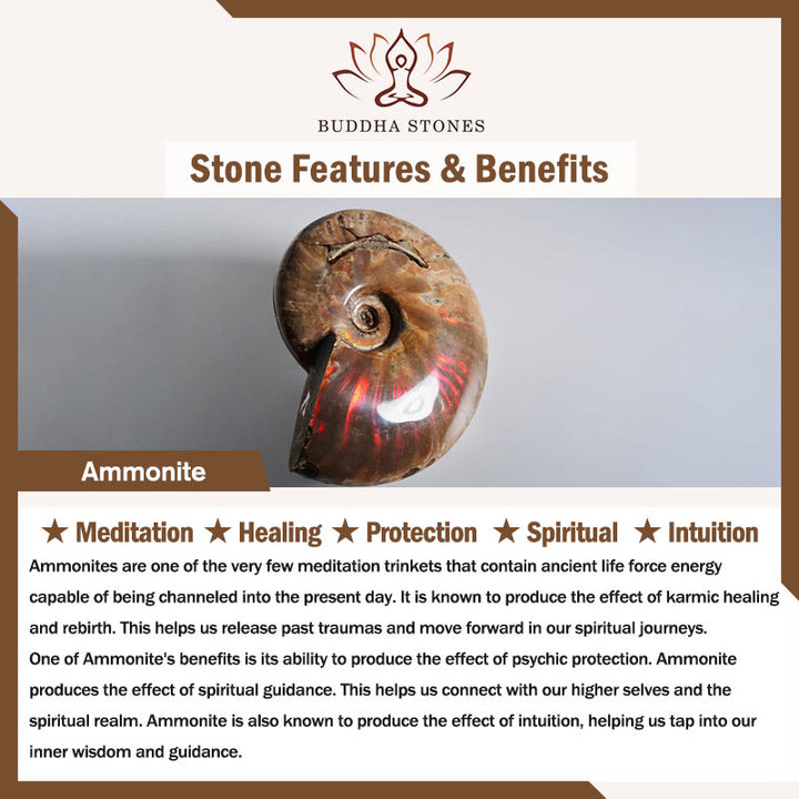 Collier pendentif de guérison et de méditation en Buddha Stones avec motif d'escargot fossile d'ammonite naturelle