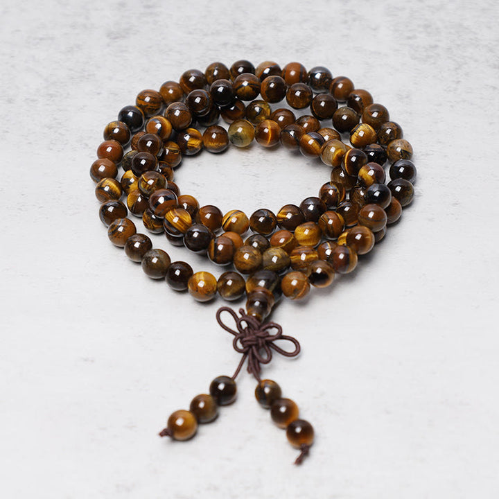 Collier Mala de prière en perles de pierres précieuses naturelles œil de tigre tibétaines de 108 Buddha Stones