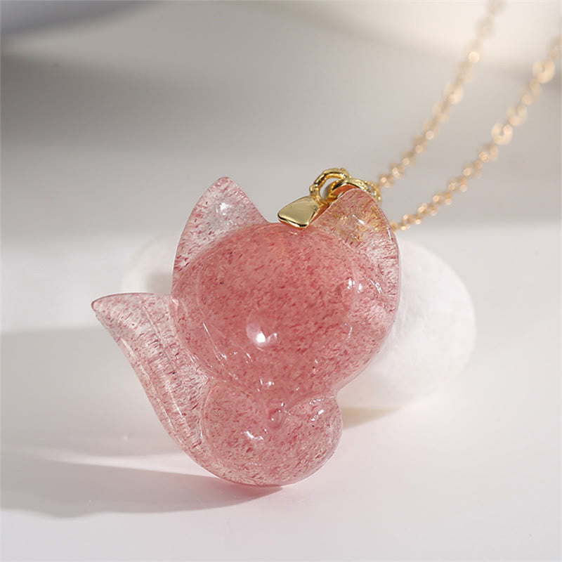 Collier pendentif de guérison en quartz fraise et renard en argent sterling 925 plaqué or 14 carats de Buddha Stones