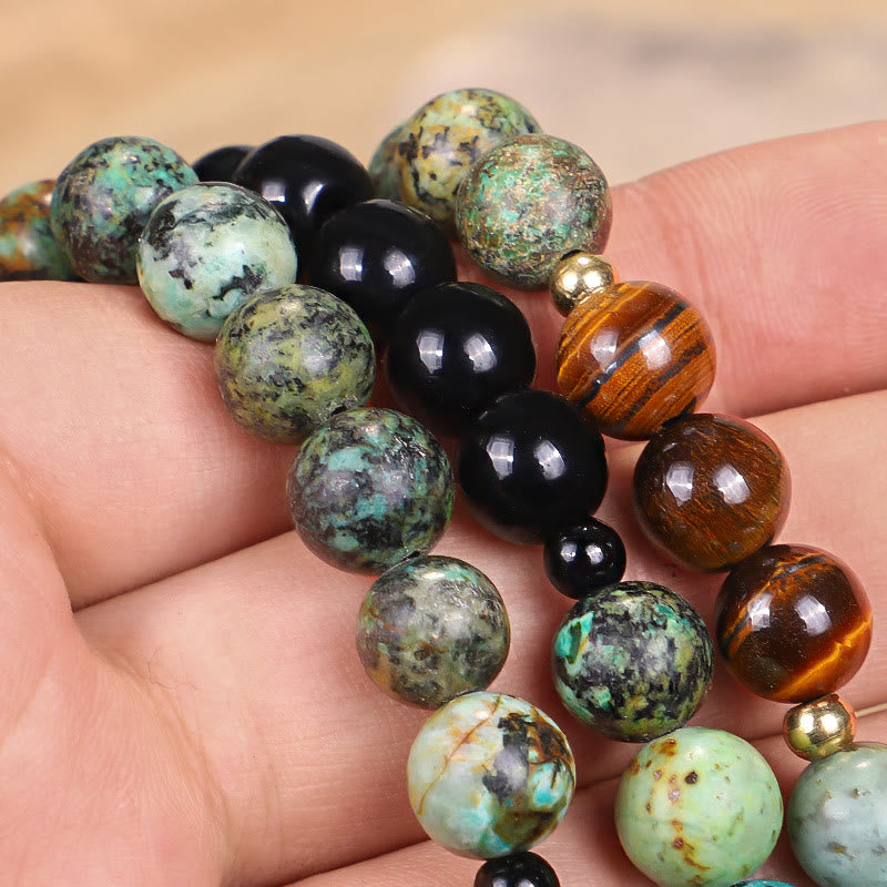 Collier Bracelet Mala 108 Perles Pierre Naturelle Oeil de Tigre Turquoise Protection Force Buddha Stones