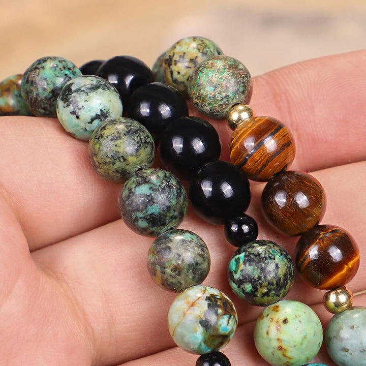Collier Bracelet Mala 108 Perles Pierre Naturelle Oeil de Tigre Turquoise Protection Force Buddha Stones