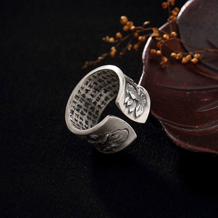 Bague porte-bonheur en argent sterling 999 Buddha Stones et poisson Koi, lotus, cœur, Sutra de la richesse