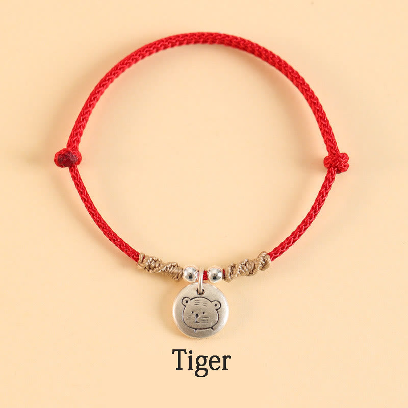 Bracelet tressé en argent sterling 999 fait main avec Buddha Stones Année du Dragon, joli signe du zodiaque chinois - Corde rouge - Tigre (tour de poignet 14-17 cm) - image 15