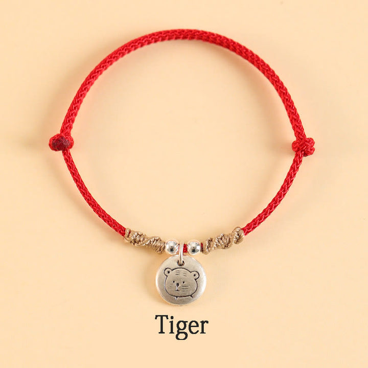 Bracelet tressé en argent sterling 999 fait main avec Buddha Stones Année du Dragon, joli signe du zodiaque chinois - Corde rouge - Tigre (tour de poignet 14-17 cm) - image 15