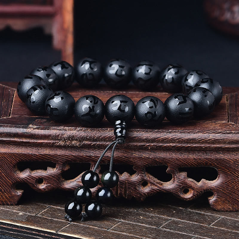 Bracelet de méditation en onyx noir et cristal blanc Buddha Stones du Tibet Om Mani Padme Hum