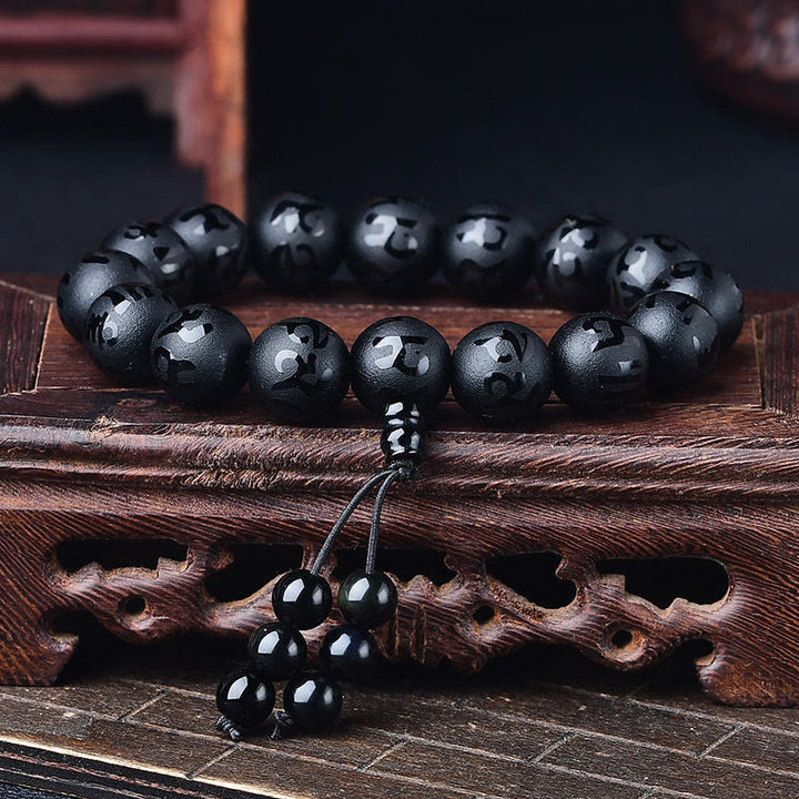 Bracelet de méditation en onyx noir et cristal blanc Buddha Stones du Tibet Om Mani Padme Hum